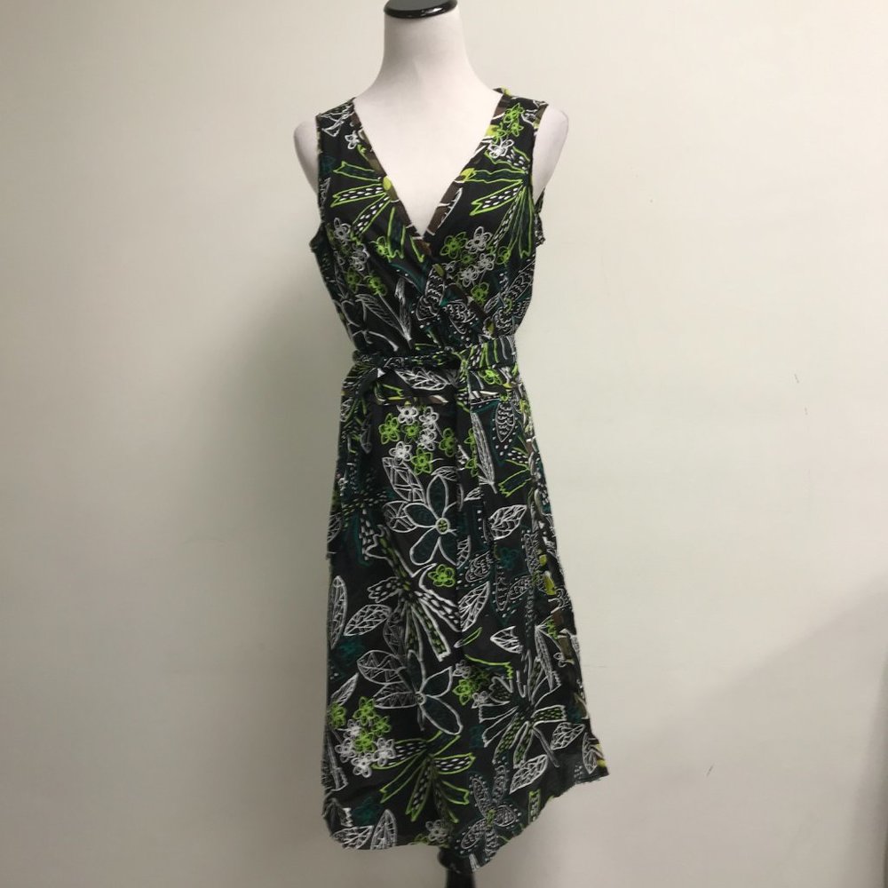 Margaret Oleary black white green floral print wrap around dress sleeveless L